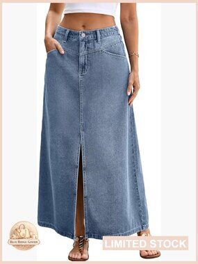 Denim Maxi Skirt with Pockets High Waisted A-Line Slit Stretchy Casual Spring